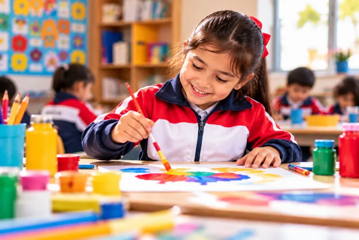 Niña de Inicial pintando con témperas en clase de arte