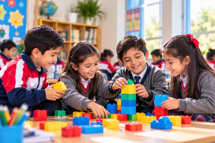 Niños construyendo con bloques de colores