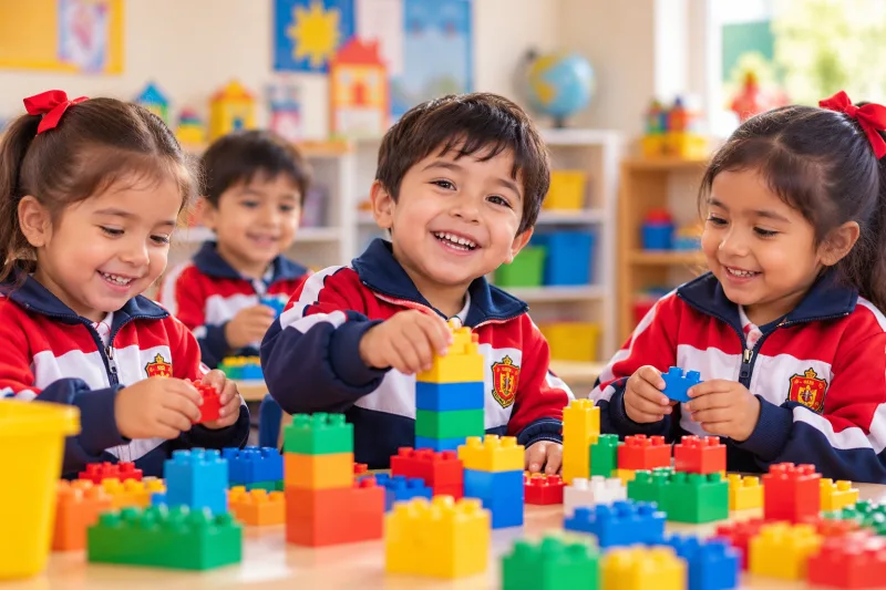 Niños de Inicial jugando con bloques de construcción en el aula